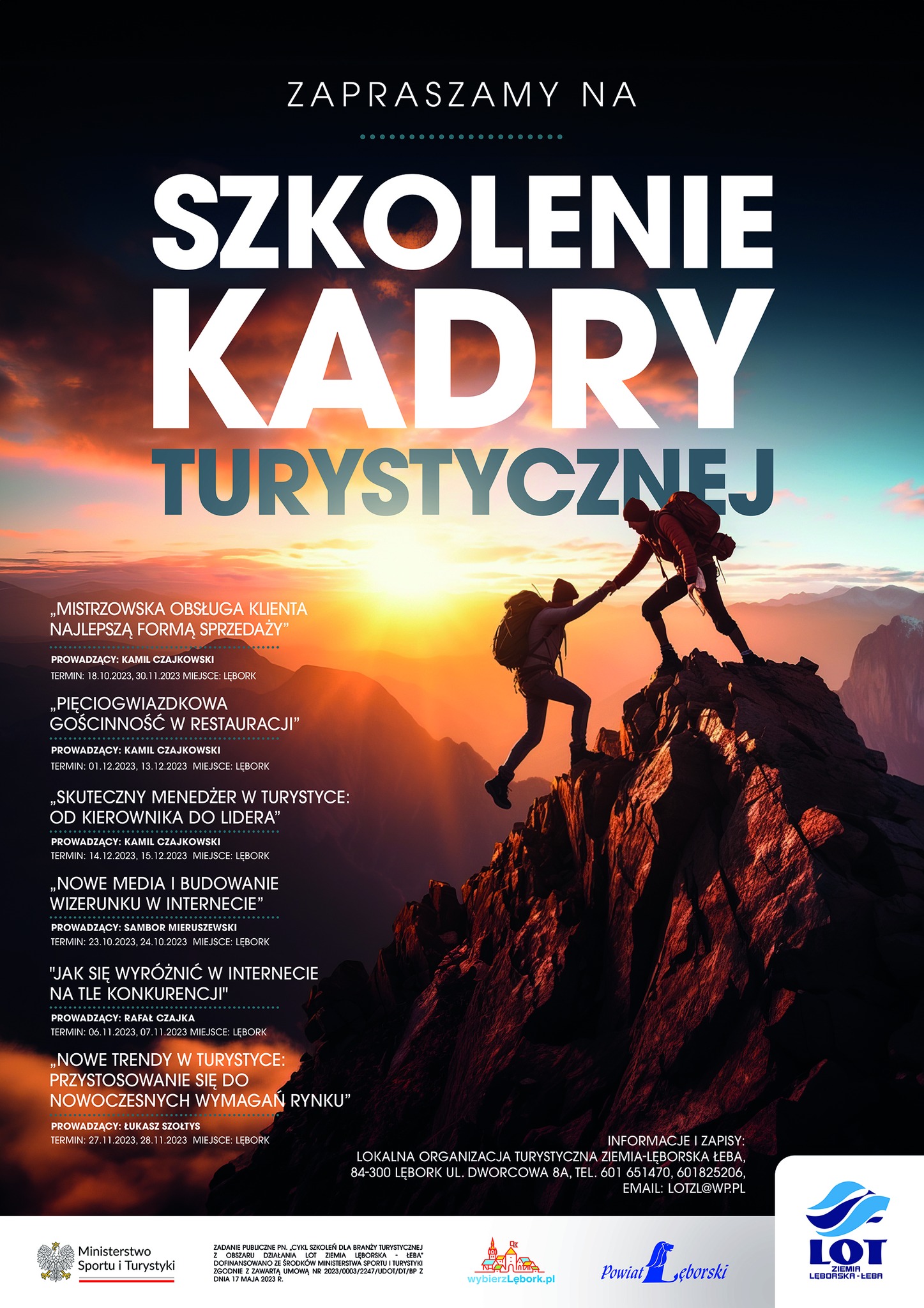 Plakat promujący projekt pn. "Cykl szkoleń dla branży turystycznej z obszaru działania LOT Ziemia Lęborska - Łeba".