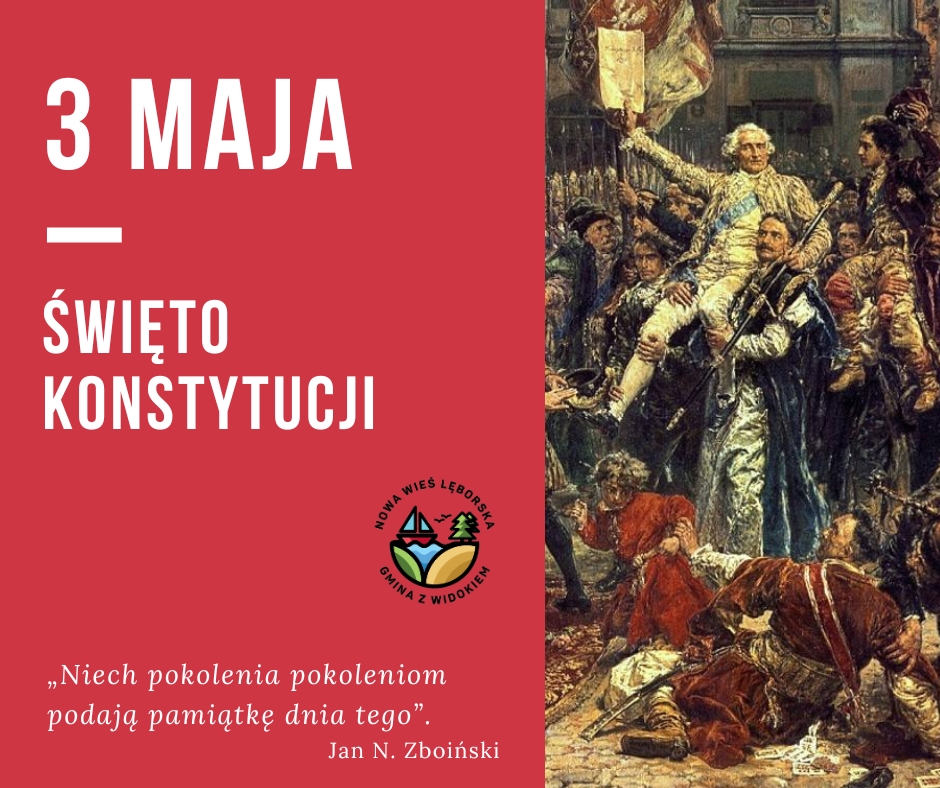 Element dekoracyjny - grafika, po prawej stronie obraz Matejki „Konstytucja 3 Maja 1791 roku”, po lewej tekst 3 maja Święto Konstytucji, logo gminy Nowa Wieś Lęborska i cytat "Jana N. Zboińskiego „Niech pokolenia pokoleniom podają pamiątkę dnia tego”.