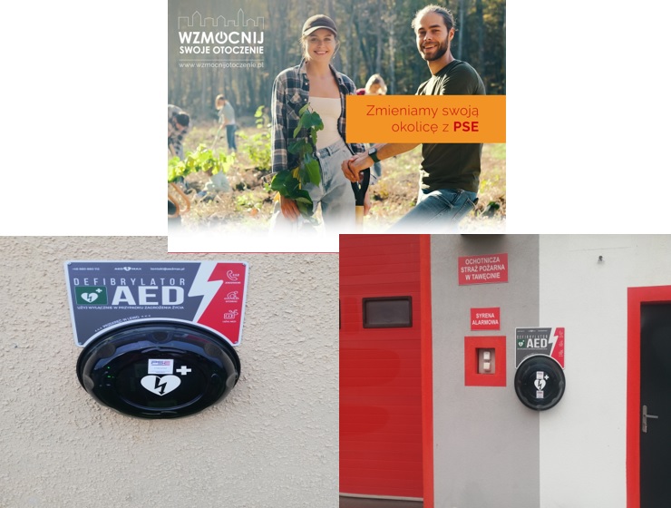 Grafika przedstawiająca zainstalowane na ścianie OSP Tawęcino i świtlicy wiejskiej w Karlikowie Lęborskim urządzenia. Na pierwszym planie grafika poglądowa promująca program. Dwoje uśmiechniętych młodych ludzi - kobieta i mężczyzna sadzą drzewka w lesie z napisem "Zmieniamy swoją okolicę z PSE.