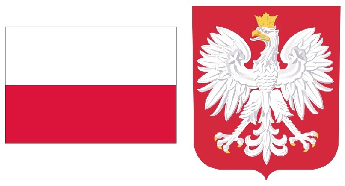Białoczerwona flaga Polski po lewej stronie, z prawej godło Polski.