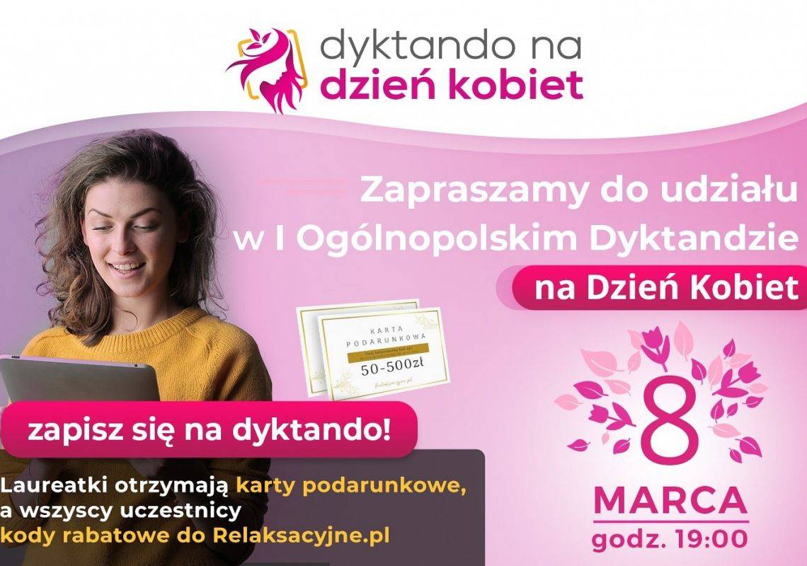 Element dekoracyjny. Plakat "Dyktando na Dzień Kobiet"  informujący o konkursie.