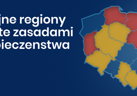 Mapa Polski z podziałem na województwa. Kolorami czerwonym, żółtym i niebieskim oznaczono regiony w zależności od obowiązujących zasad bezpieczeństwa epidemicznego.