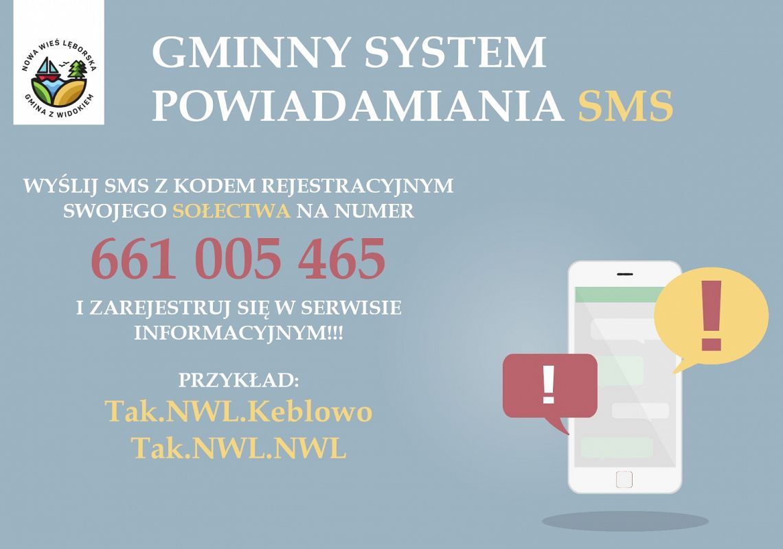 Grafika informacyjna o Gminnym Systemie Powiadomień SMS. W lewym górnym rogu - logo gminy. Tekst od góry - Gminny System Powiadamiania SMS. Niżej - WYŚLIJ SMS Z KODEM REJESTRACYJNYM SWOJEGO SOŁECTWA NA NUMER 661 005 465 I ZAREJESTRUJ SIĘ W