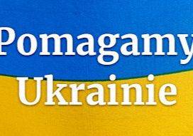 Baner poglądowy z flagą Ukrainy w tle i napisem "Pomagajmy Ukrainie"