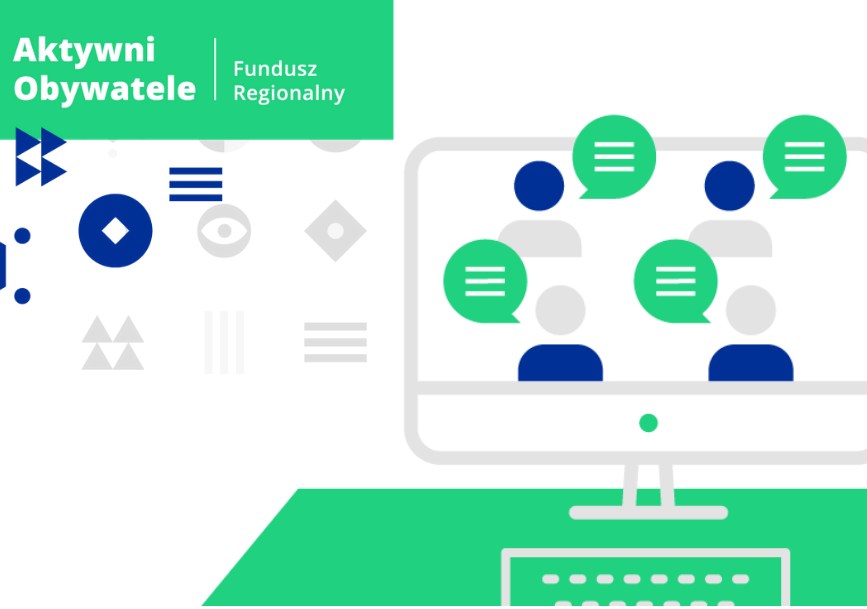 Barwna grafika identyfikująca program. W lewej części biurko z monitorem i klawiaturą. Na monitorze ikony postaci z ikonkami wypowiedzi.