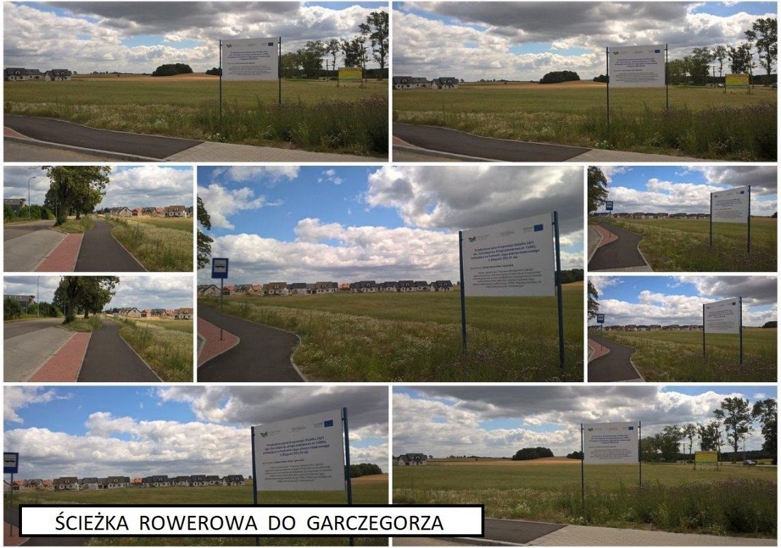Kolaż zdjęć przedstawiających ciąg pieszo-rowerowy do miejscowości Garczegorze. Na pierwszym planie ścieżka rowerowa w tle zabudowania i pola uprawne