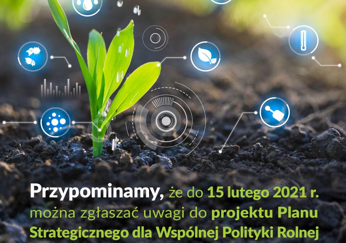 Grafika przypominająca o konsultacjach. Na pierwszym planie roślina wyrastająca z ziemi, tekst informacyjny, logo Ministerstwa Rolnictwa.