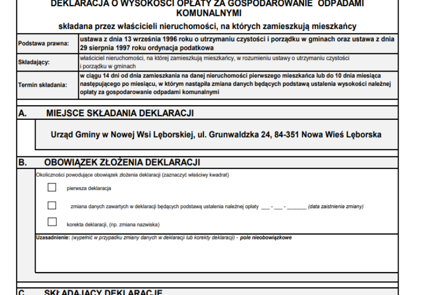 Wycinek wzoru deklaracji o wysokości opłaty za gospodarowanie odpadami komunalnymi.