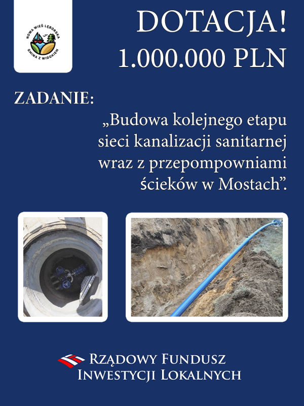 Grafika informująca o otrzymanej dotacji. W lewym górnym rogu logo gminy, na środku treść o otrzymanej dotacji, poniżej dwie fotografie przedstawiające rurę kanalizacyjną  oraz nitkę  nitkę