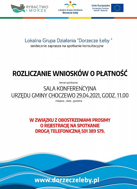 Tekst na białym tle informujący o wydarzeniu. Na górnej belce logotypy instytucji, na dolnej belce morskie fale.