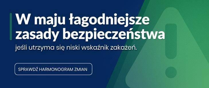 Na granatowo-niebieskim tle tekst: w maju łagodniejsze zasady bezpieczeństwa, jeśli utrzyma się niski wskaźnik zakażeń. Sprawdź harmonogram zmian.