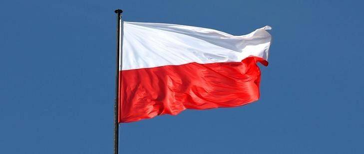 Powiewająca  flaga Polski na tle nieba.