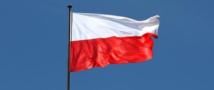 Powiewająca  flaga Polski na tle nieba.