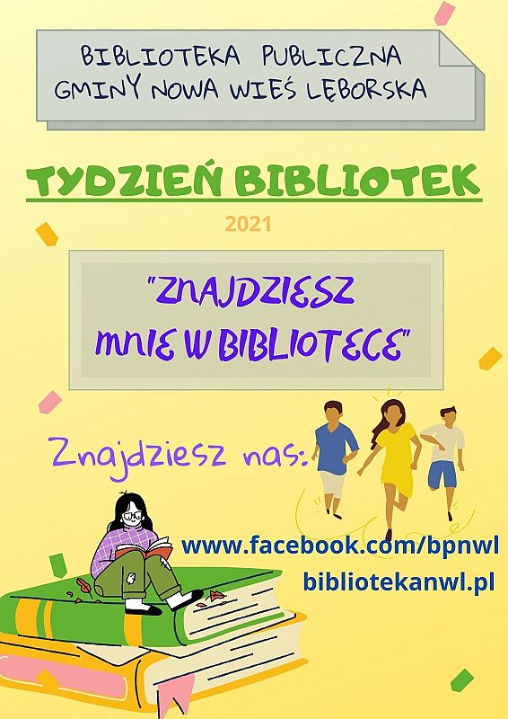 Element dekoracyjny. Napisy na żółtym tle. W lewym rogu rysunek dziewczyny siedzącej na książkach i czytającej książkę. Po prawej stronie grupa osób.