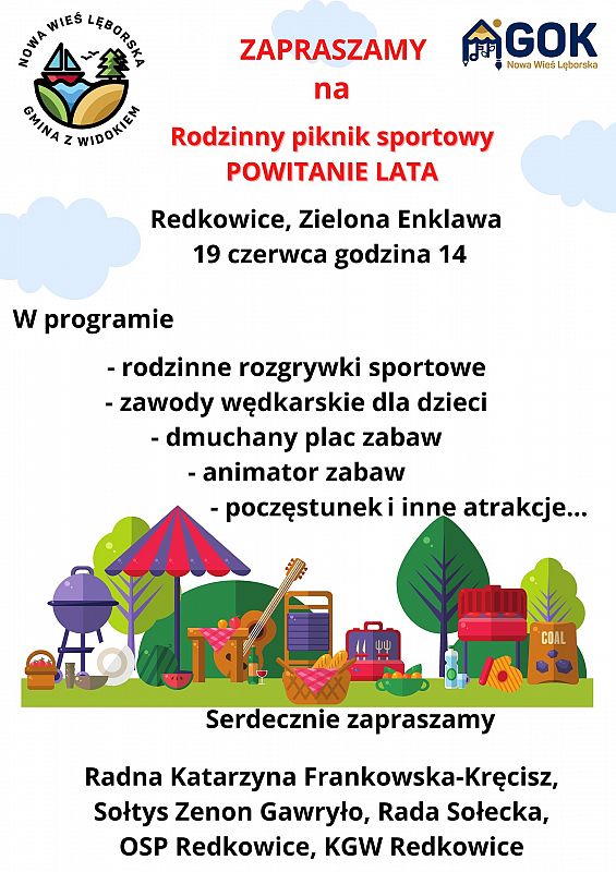 Na białym tle informacja o pikniku. Na szczycie znaki graficzne gminy i GOK. Na środku obrazek przedstawiający piknik. grafika