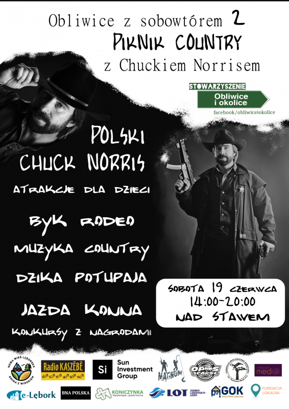 N czarnym tle zdjęcie sobowtóra i tekst informujący o wydarzeniu. W stopce plakatu logotypy organizatorów, patronów i sponsorów. o grafika