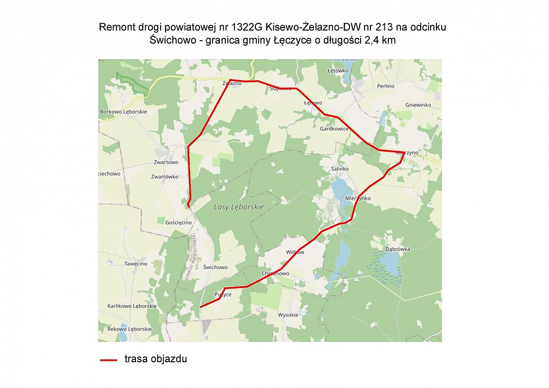 Mapa ilustrująca objazd remontowanej drogi.