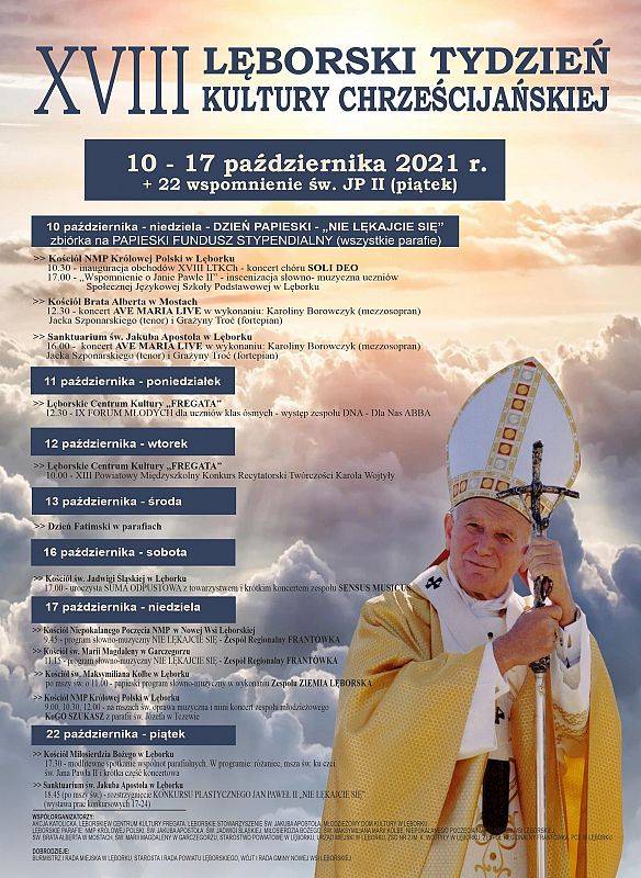 Tekst informacyjny na tle nieba z chmurami oświetlonymi słońcem. Po prawej stronie duża postać Papieża Jana Pawła II. grafika