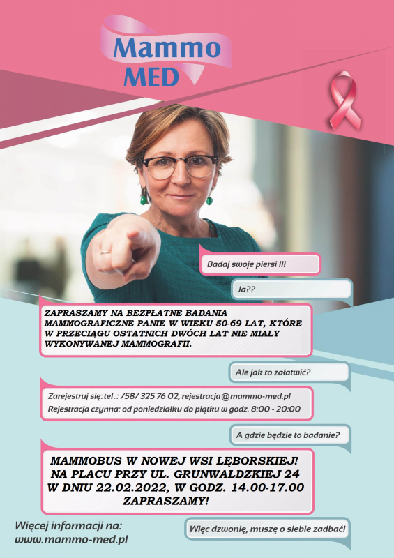 Na szczycie logo kampanii Mammo Med. Uśmiechnięta kobieta wskazuje palcem na odbiorcę i mówi: Badaj swoje piersi! Poniżej dialog na temat możliwości wykonania mammografii. grafika