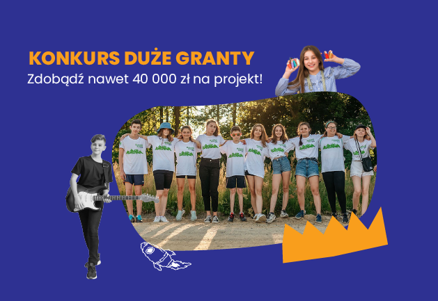 Na granatowym tle wycięte zdjęcie grupy młodych ludzi oraz tytuł projektu.