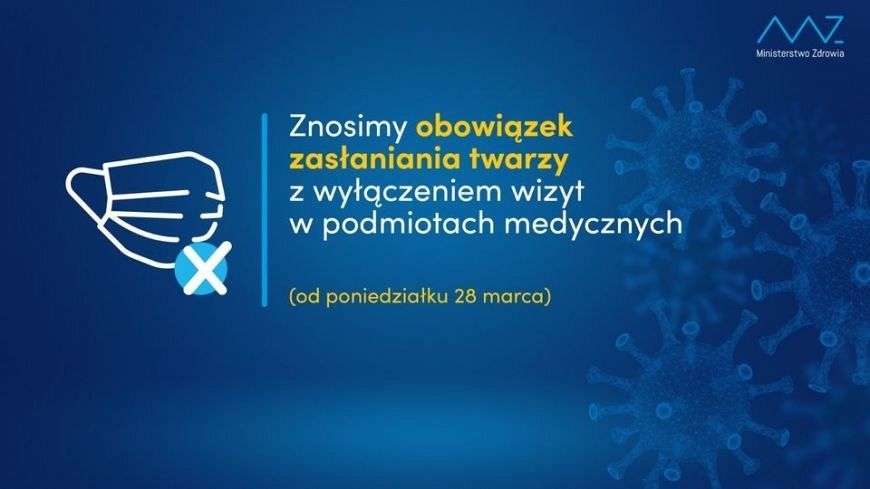 Na granatowym tle komunikat dotyczący zniesienia obowiązku noszenia maseczek.