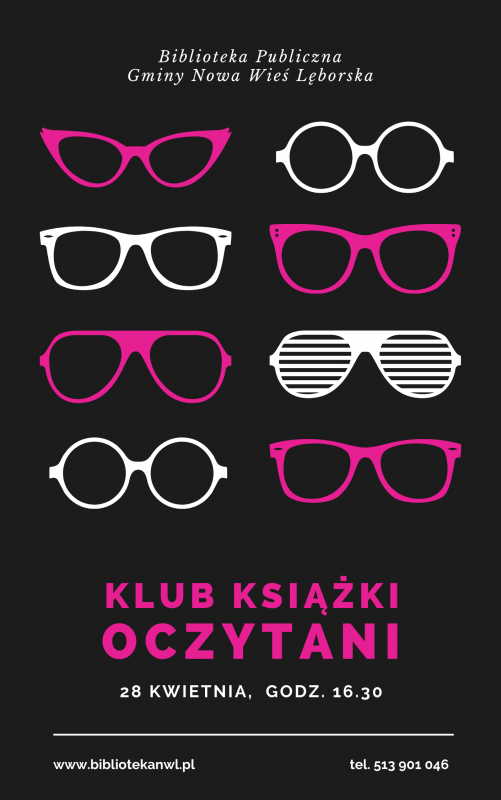 Białe i różowe okulary o różnych kształtach ułożone parami na czarnym tle. Różowo-biały tekst informacyjny. grafika