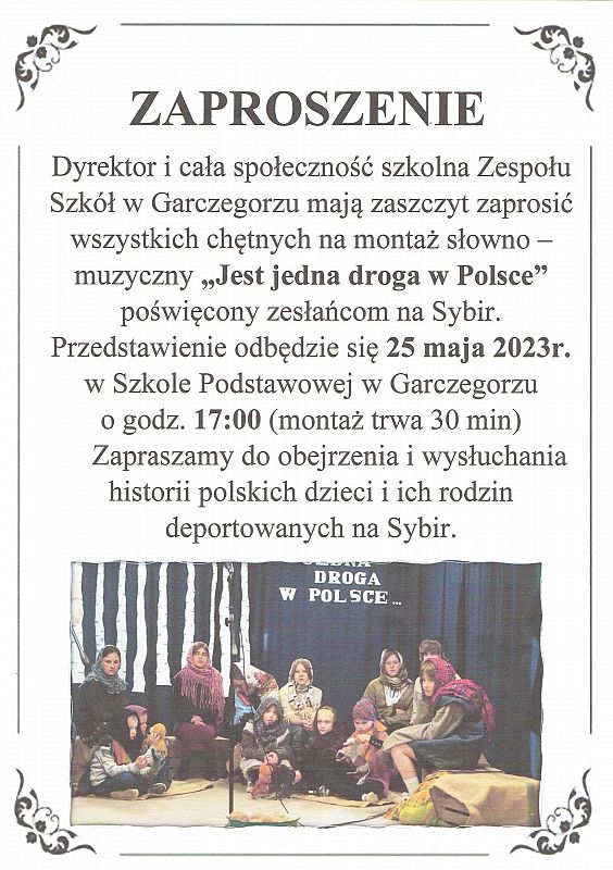 Dzień Sybiraka. Zaproszenie do szkoły w Garczegorzu grafika