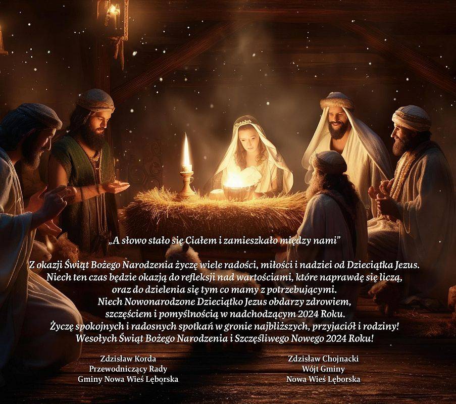 Stajenka bożonarodzeniowa i tekst życzeń od wójta i przewodniczęcego gminy. grafika