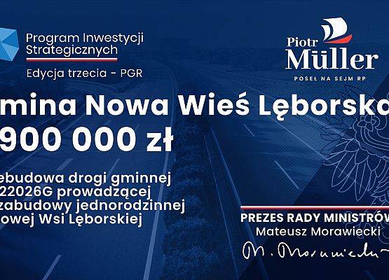 Grafika informująca o wysokości otrzymanego dofinansowania przez Gminę Nowa Wieś Lęborska - źródło biuro poselskie Piotra Müllera