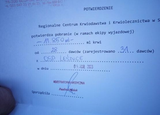 Dokument potwierdzający zbiórkę krwi.