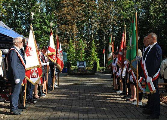 Poczty sztandarowe lokalnych szkół i organizacji stoją wzdłuż alei na cmentarzu w Krępie Kaszubskiej.