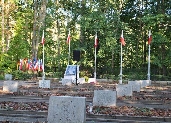 Panorama na pomniki i na pomnik zbiorowy ofiar marszu śmierci na cmentarzu w Krępie Kaszubskiej.