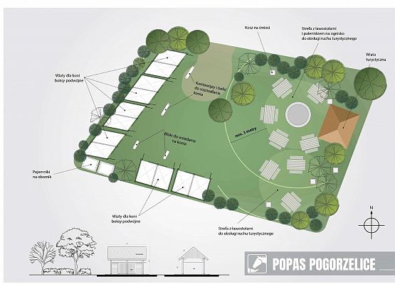 Grafika obrazująca miejsce postoju dla korzystających ze szlaku oraz popas dla koni.