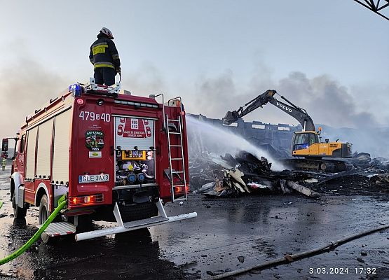 Wóz strażacki, strażacy, koparka w trakcie akcji gaśniczej.