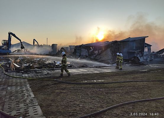 Strażacy dogaszający hale przemysłowe.