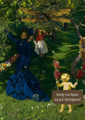 Tło plakatu stanowi obraz "Dziwny ogród" Józefa Mehoffera. grafika