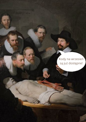 Tło plakatu stanowi obraz "Lekcja anatomii doktora Tulpa" Rembrandt von Rijn. grafika