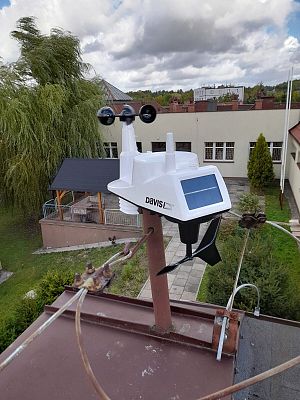 Stacja meteorologiczna zamontowana na dachu budynku.