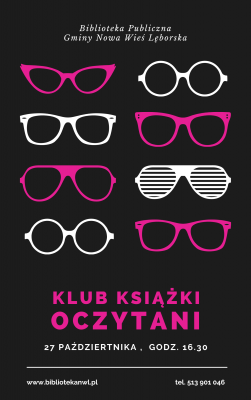 Białe i różowe okulary o różnych kształtach ułożone parami na czarnym tle. Różowo-biały tekst informacyjny. grafika