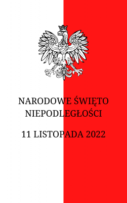 Na biało-czerwonej fladze orzeł biały i napis Narodowe Święto Niepodległości. grafika