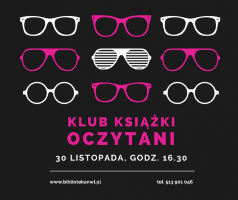 Białe i różowe okulary o różnych kształtach ułożone parami na czarnym tle. Różowo-biały tekst informacyjny. grafika