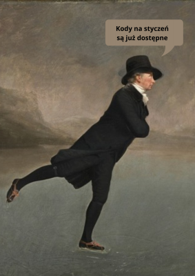 Tło plakatu stanowi obraz Henrego Raeburna "Wielebny Robert Walker jeżdżący na łyżwach". grafika