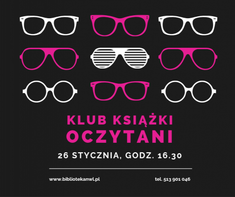 Grafika dekoracyjna. Białe i różowe okulary o różnych kształtach ułożone parami na czarnym tle. Różowo-biały tekst informacyjny. grafika