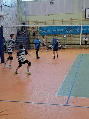 Zawodnicy podczas gry w piłkę siatkową.