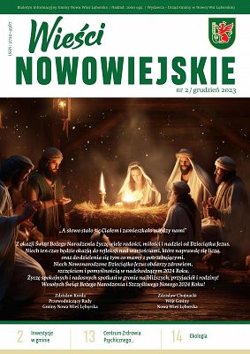 Strona tytułowa Biuletynu "Wieści Nowowiejskie". Wydanie 2/2023. Szopka bożonarodzeniowa i tekst życzeń od wójta gminy i przewodniczącego rady gminy. grafika