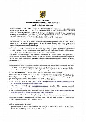 Grafika 1: OBWIESZCZENIE MARSZAŁKA WOJEWÓDZTWA POMORSKIEGO z dnia 22 kwietnia 2024 r. w sprawie przystąpienia do sporządzenia zmiany Planu zagospodarowania przestrzennego województwa pomorskiego