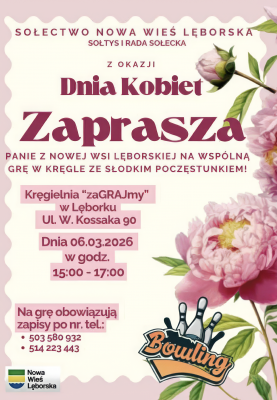 Dzień Kobiet w Nowej Wsi Lęborskiej - zaproszenie na kręgle grafika